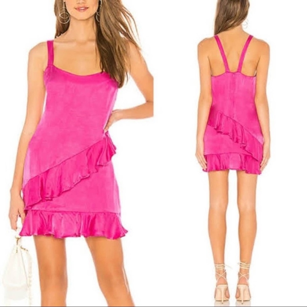 LOVERS + FRIENDS Hot Magenta CARINA Ruffled Crepe Satin Mini Dress Medium